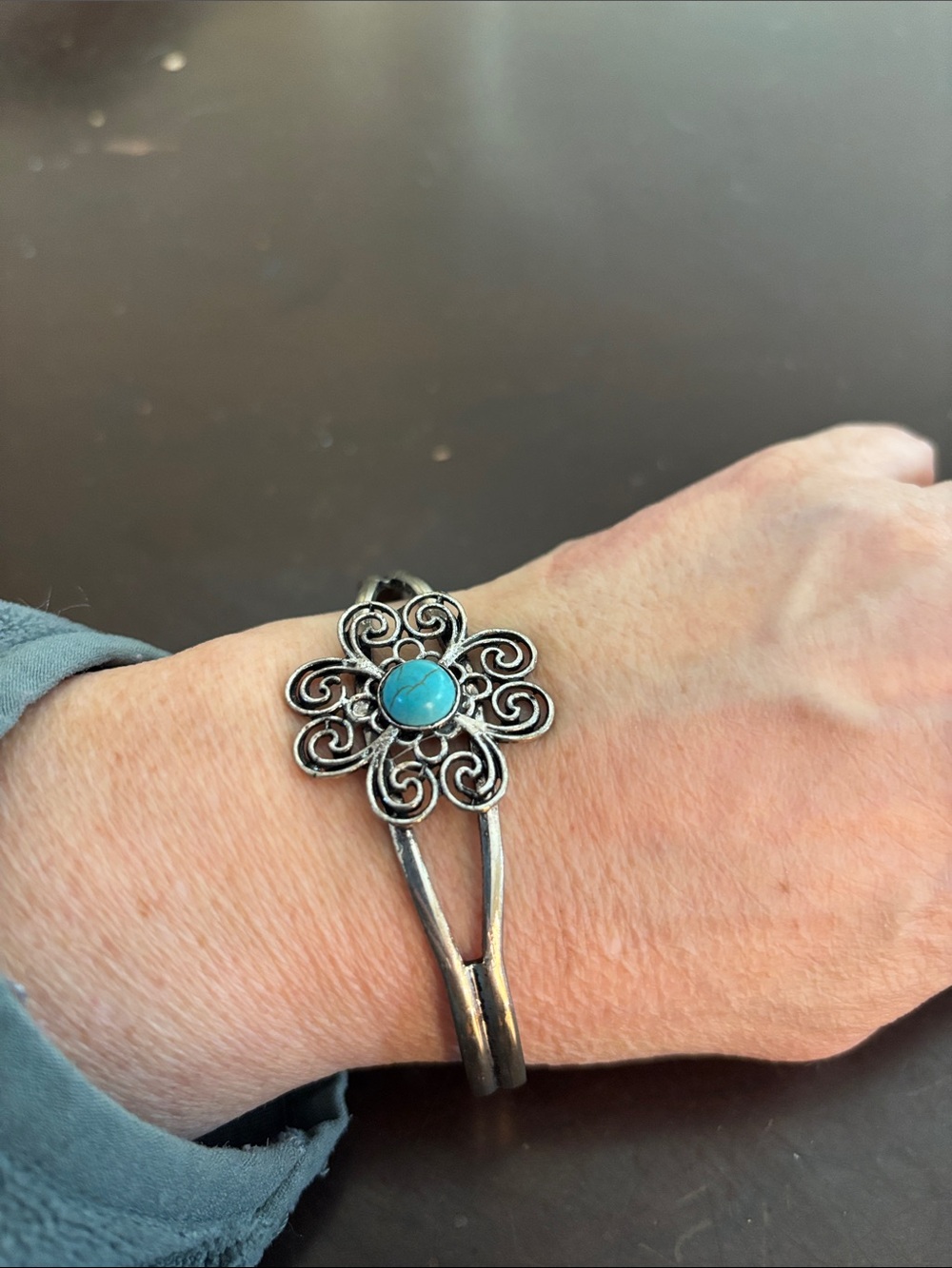Turquoise Flower Silver-Tone Cuff Bracelet - Women Jewelry